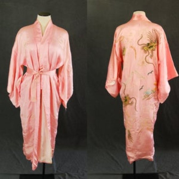Vintage Other - Vintage 40s Dragon Kimono Robe -‎ 1940s Pink Satin